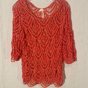 India Boutique Vibrant Coral Crochet Blouse Layering Affective Bohemian Bo-Ho
